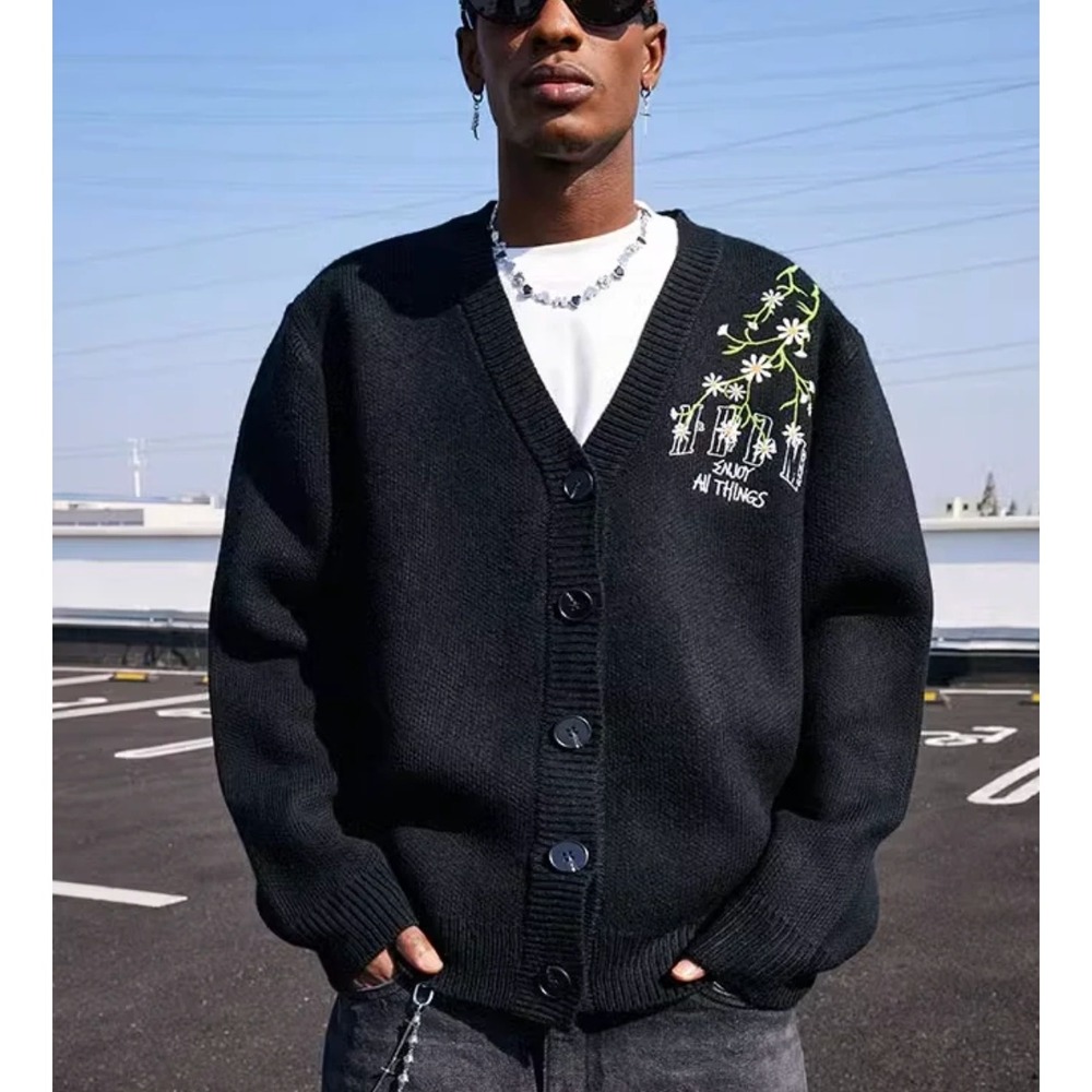 MEDM Flower Logo Embroidered Knit Cardigan Black Button Front Unisex Size L